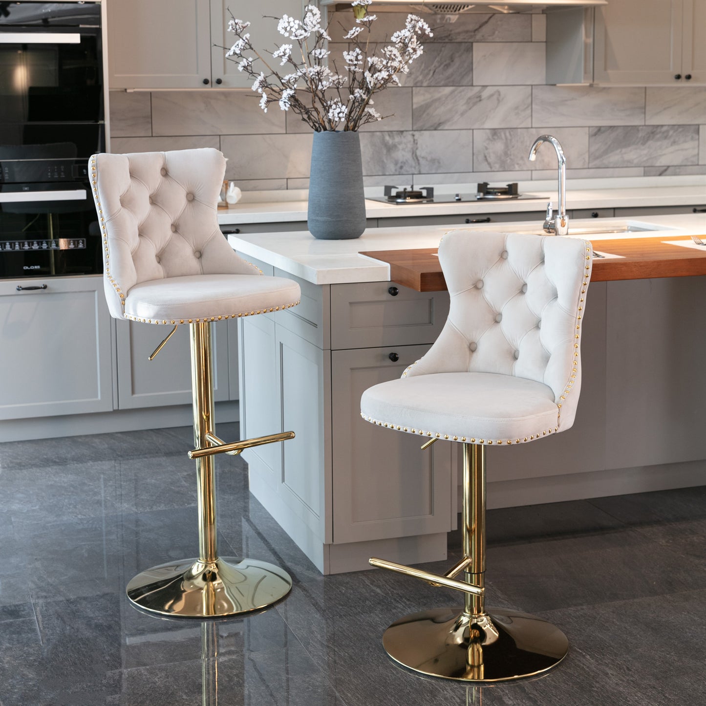Beige Velvet Bar Stools Tufted Back Adjustable 25 33 Set 2