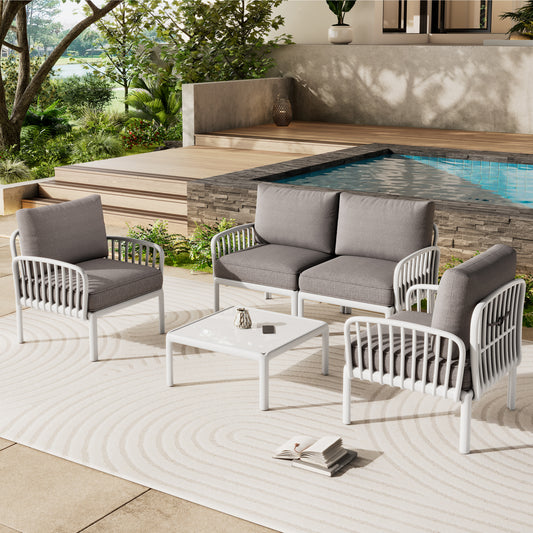 Five Piece Modern Patio Set With Square Coffee Table And Deep Seating Waterproof Cushions White Gray