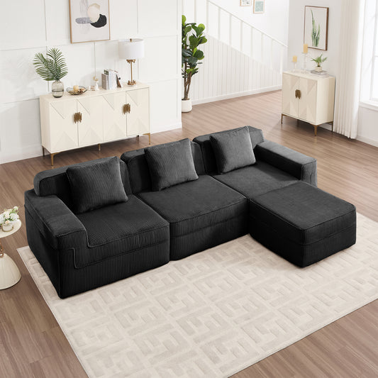 Modular 3-Seat L-Shape Sofa with Deep Seats, Corduroy Upholstery, Movable Ottoman and Throw Pillows Black