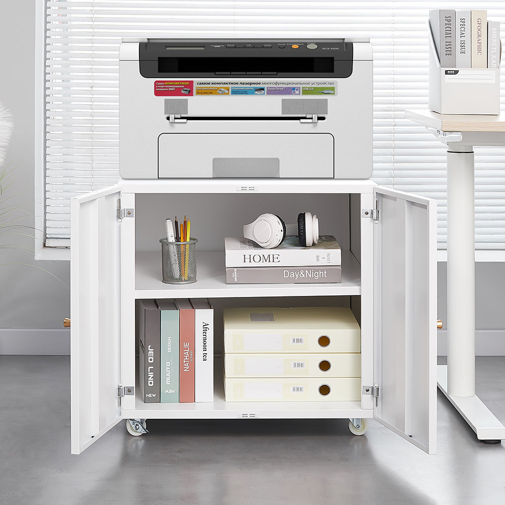 Mobile Metal Printer Stand with Storage and Adjustable Shelves for Home Office on Wheels (White)