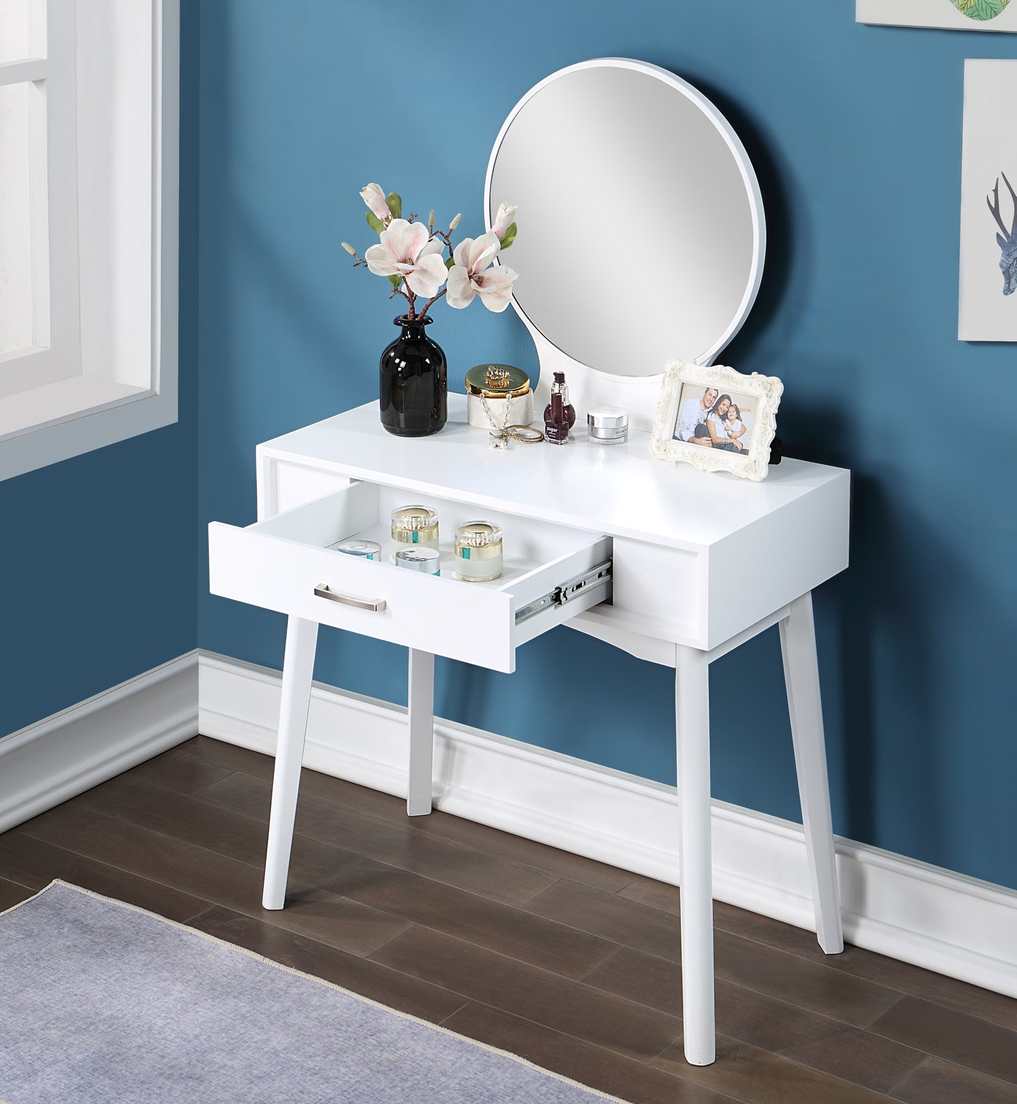 Contemporary Wood Vanity and Stool Set for Bedroom or Dressing Area, Modern Makeup Desk, White