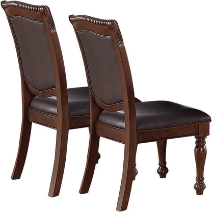 Formal Dining Side Chairs, Set of 2, Rubberwood with Wood Veneer, PU Upholstered Seats, Carved Dark Brown