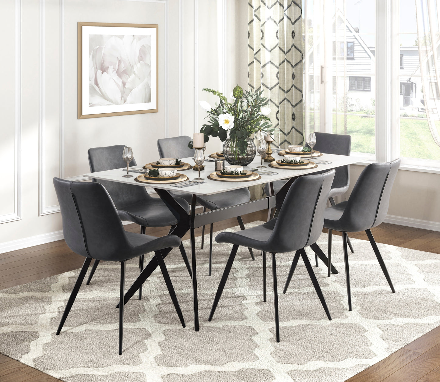 Set of 2 Modern Faux Leather Dining Chairs with Black Metal Legs, Easy Assembly, Dining Kitchen, Gray