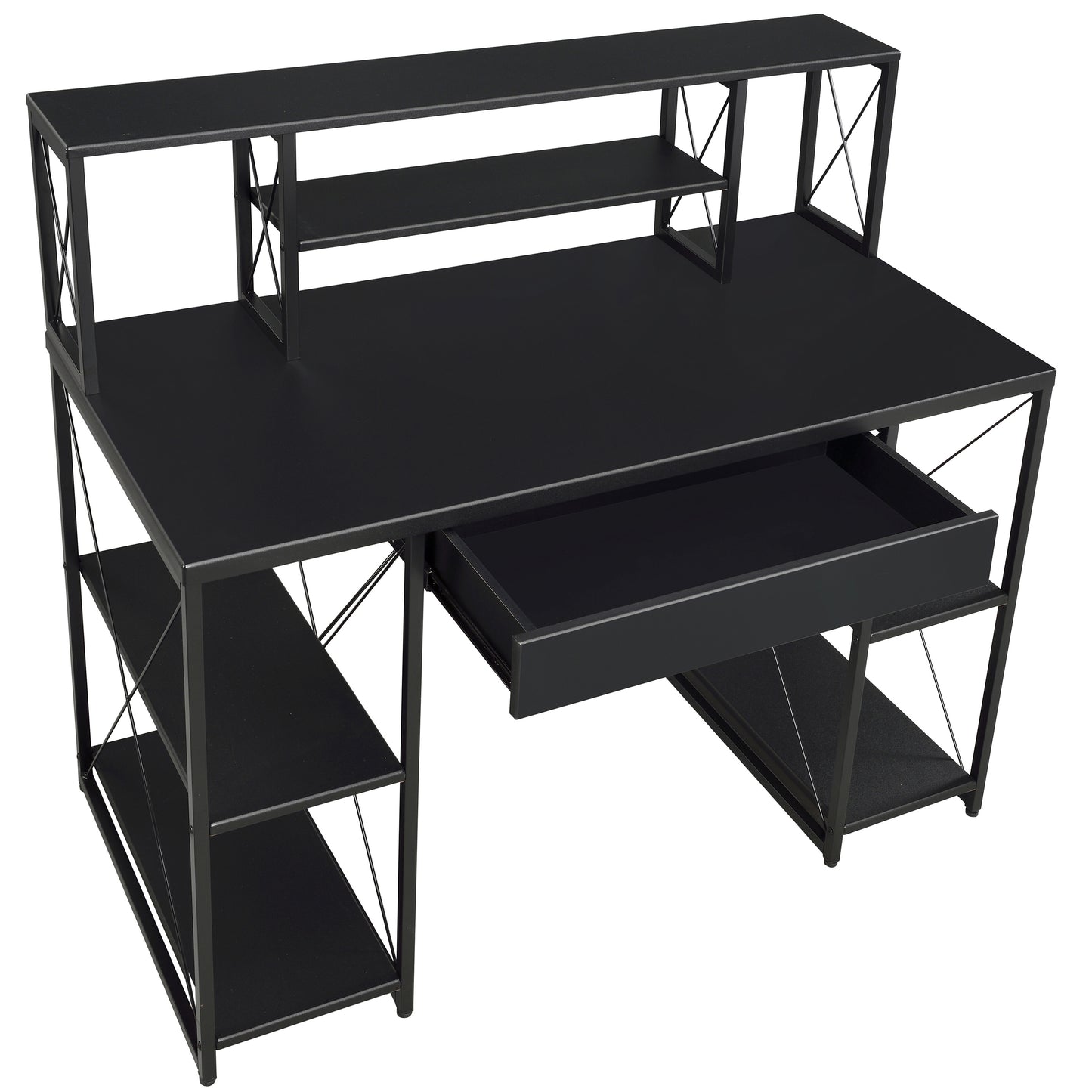 Modern Black Writing Desk with Open Storage and Metal Base