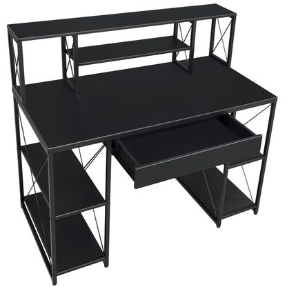 Modern Black Writing Desk with Open Storage and Metal Base