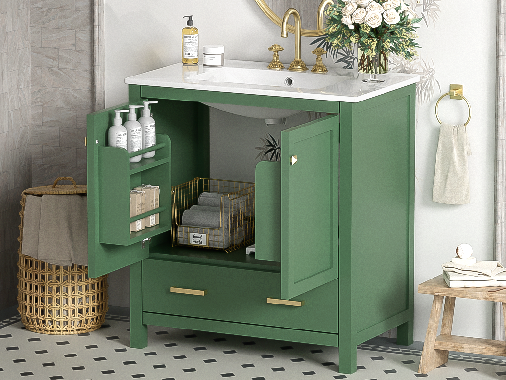 30" Elegant Green Bathroom Storage Vanity with Integrated Undermount Sink and Soft-Close Features