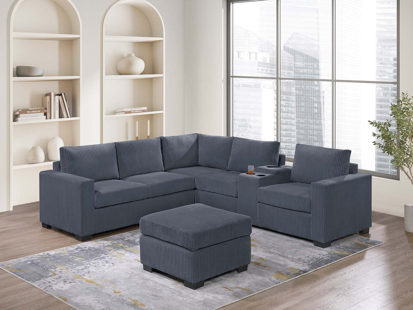 4-Piece L-Shaped Sectional Sofa Set – Seats 5, Console with USB & Cup Holders, Corduroy Dark Gray