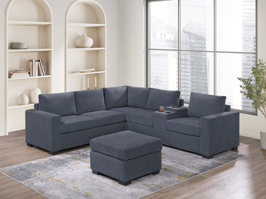 4-Piece L-Shaped Sectional Sofa Set – Seats 5, Console with USB & Cup Holders, Corduroy Dark Gray