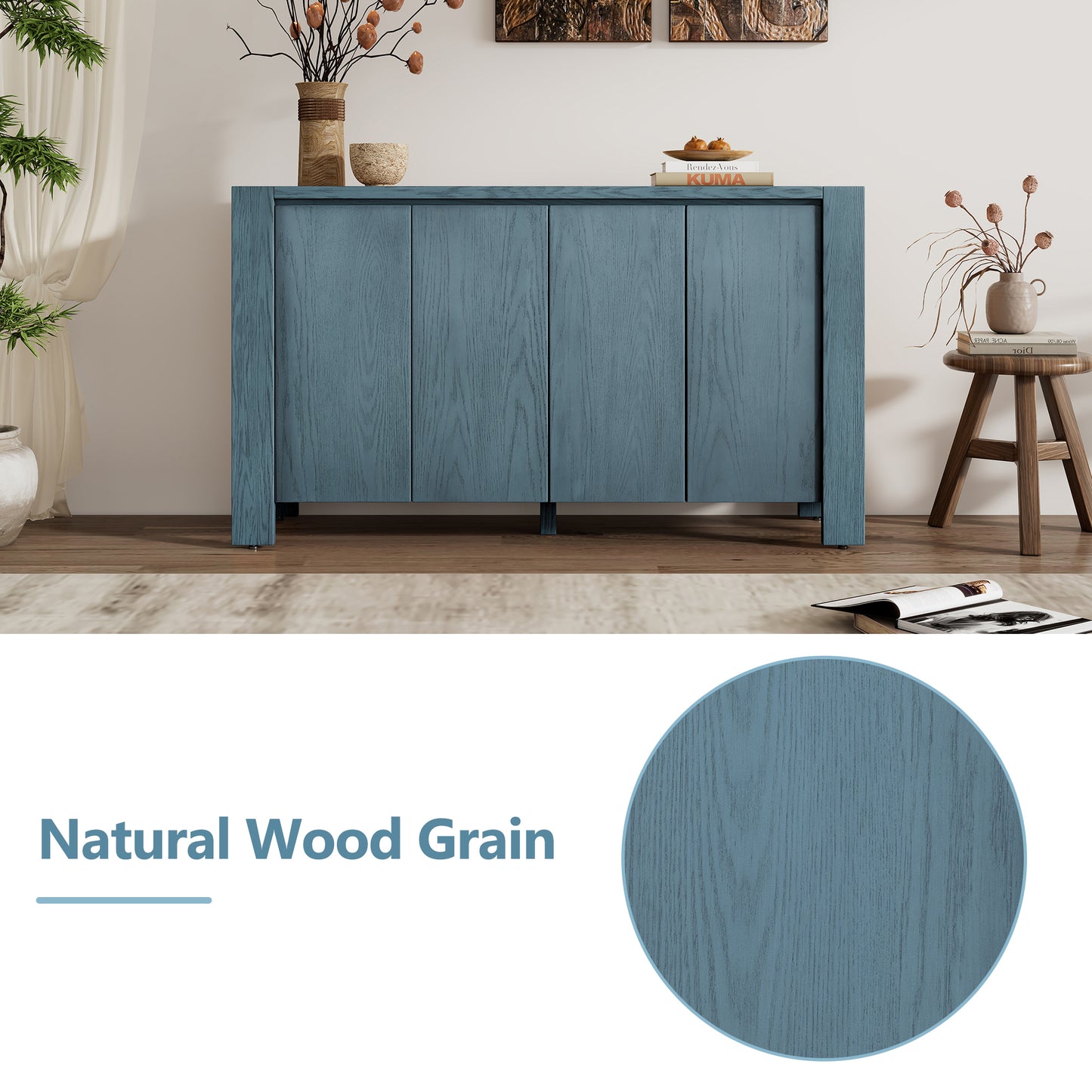 TREXM Retro 4-door Sideboard with Distressed Finish and Adjustable Shelves for Dining Room, Kitchen, and Living Room (Navy)