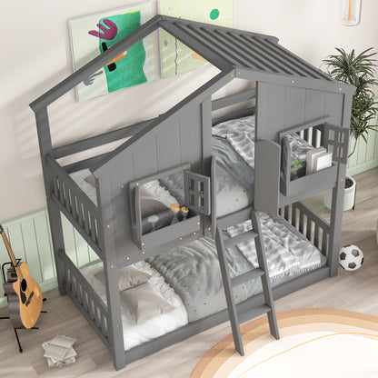Twin House Bunk Bed for Kids with Roof and Windows - Twin Over Twin Design in Grey