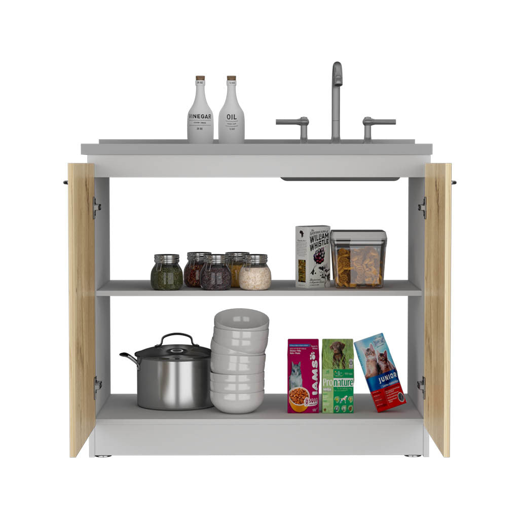 Modern Napoles Kitchen Utility Sink Cabinet with Double Doors and Shelf - White/Light Oak