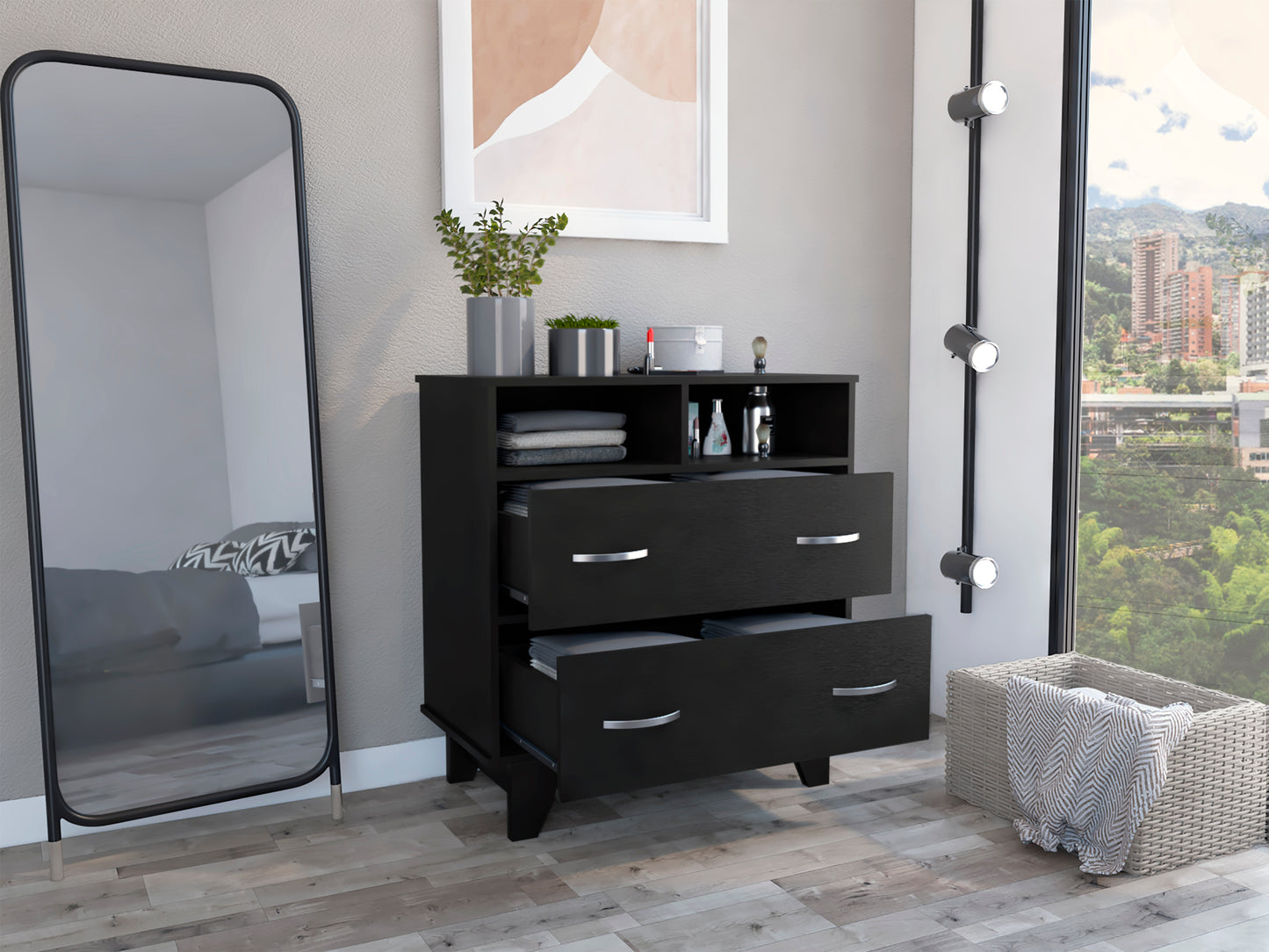 Portanova Modern Black Dresser with Two Drawers and Open Shelves