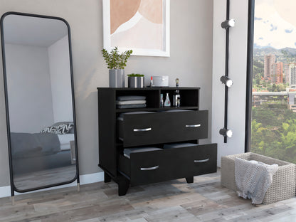 Portanova Modern Black Dresser with Two Drawers and Open Shelves