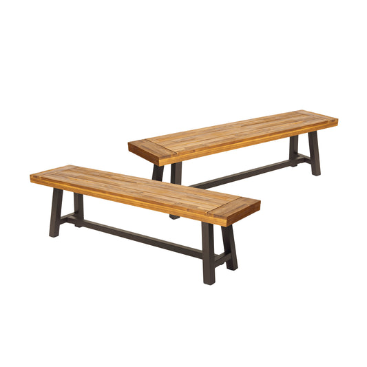 Outdoor Acacia Wood Bench With Slat Panel Design Set Of 2 Patio Or Garden Rustic Metal Accents Brown