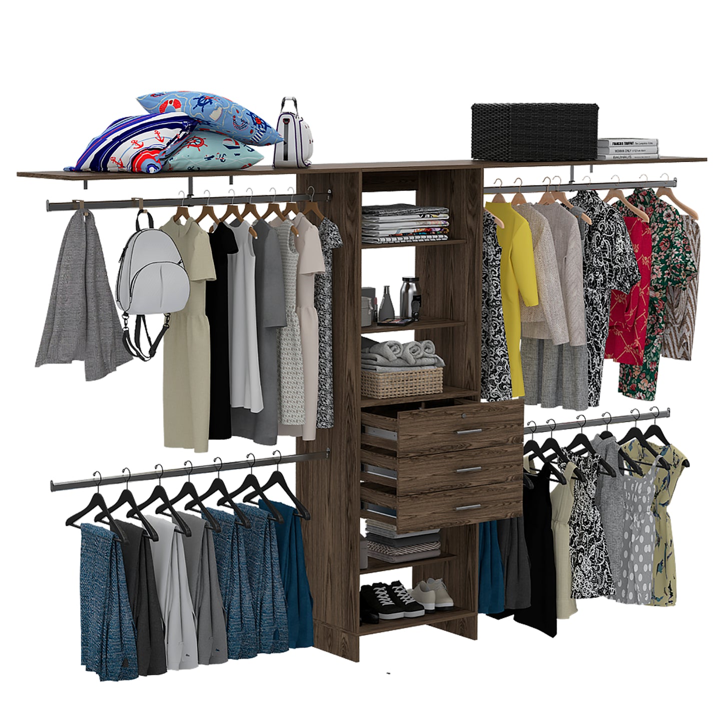 Versatile Dark Walnut Closet System with Adjustable Size, Multiple Hanging Rods, Drawers, and Shelves