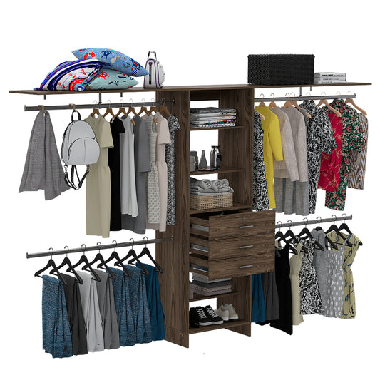 Versatile Dark Walnut Closet System with Adjustable Size, Multiple Hanging Rods, Drawers, and Shelves