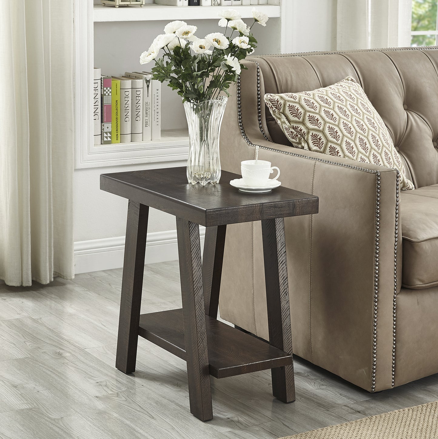 Contemporary Wood Side Table with Storage Shelf, 23.5W x 14D x 22H, Splayed Legs, Weathered Espresso