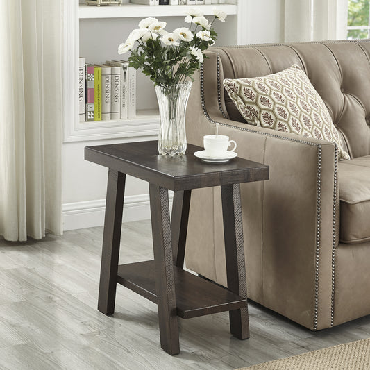 Contemporary Wood Side Table with Storage Shelf, 23.5W x 14D x 22H, Splayed Legs, Weathered Espresso