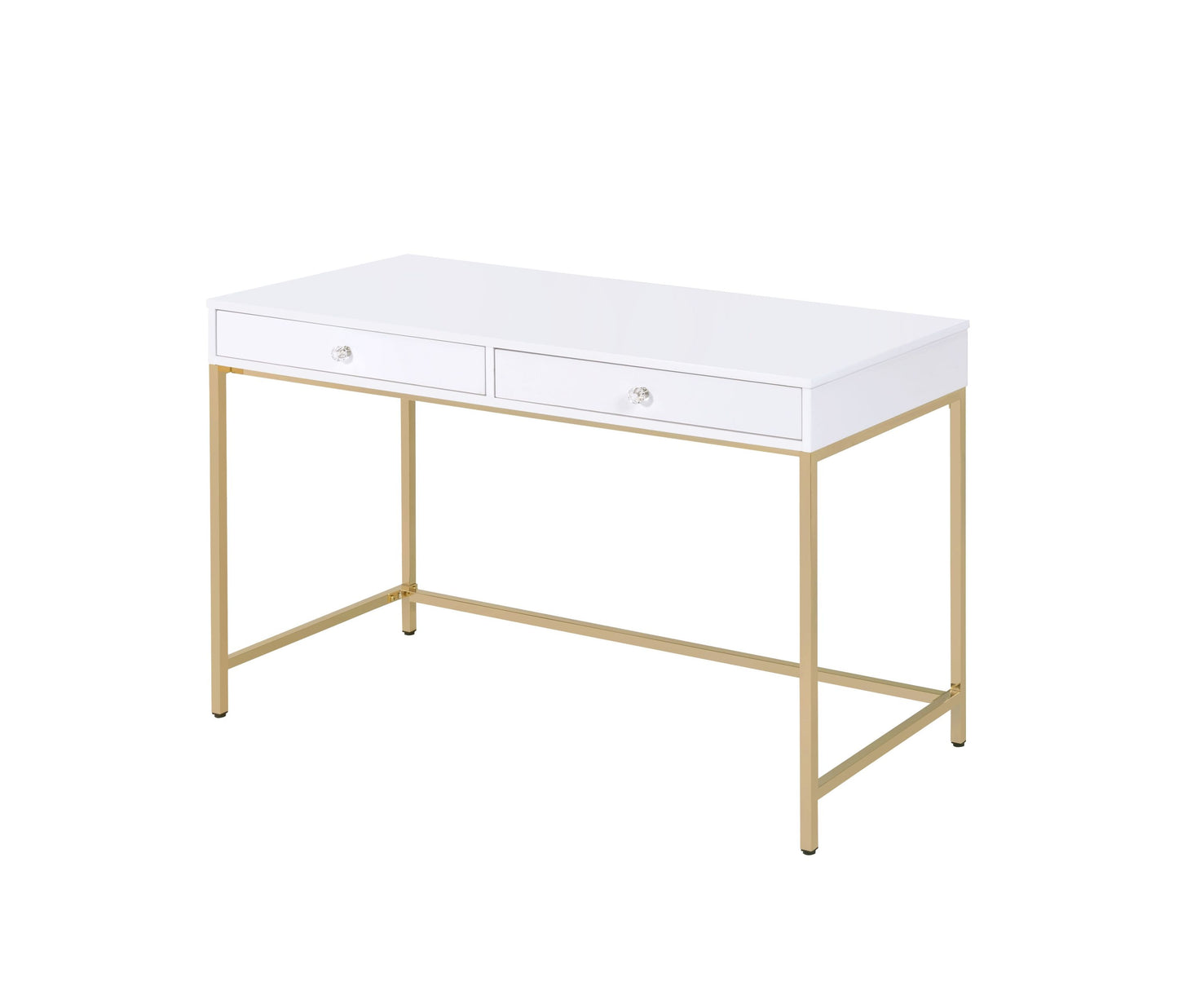 Contemporary White High Gloss Writing Desk with Gold Accents