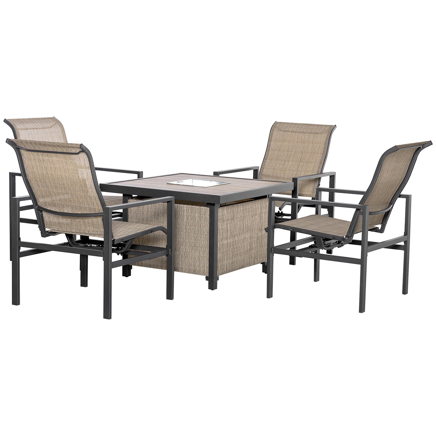5-Piece Steel Outdoor Patio Dining Set with Table and Built-in Ice Bucket, 4 Rocking Chairs — Beige