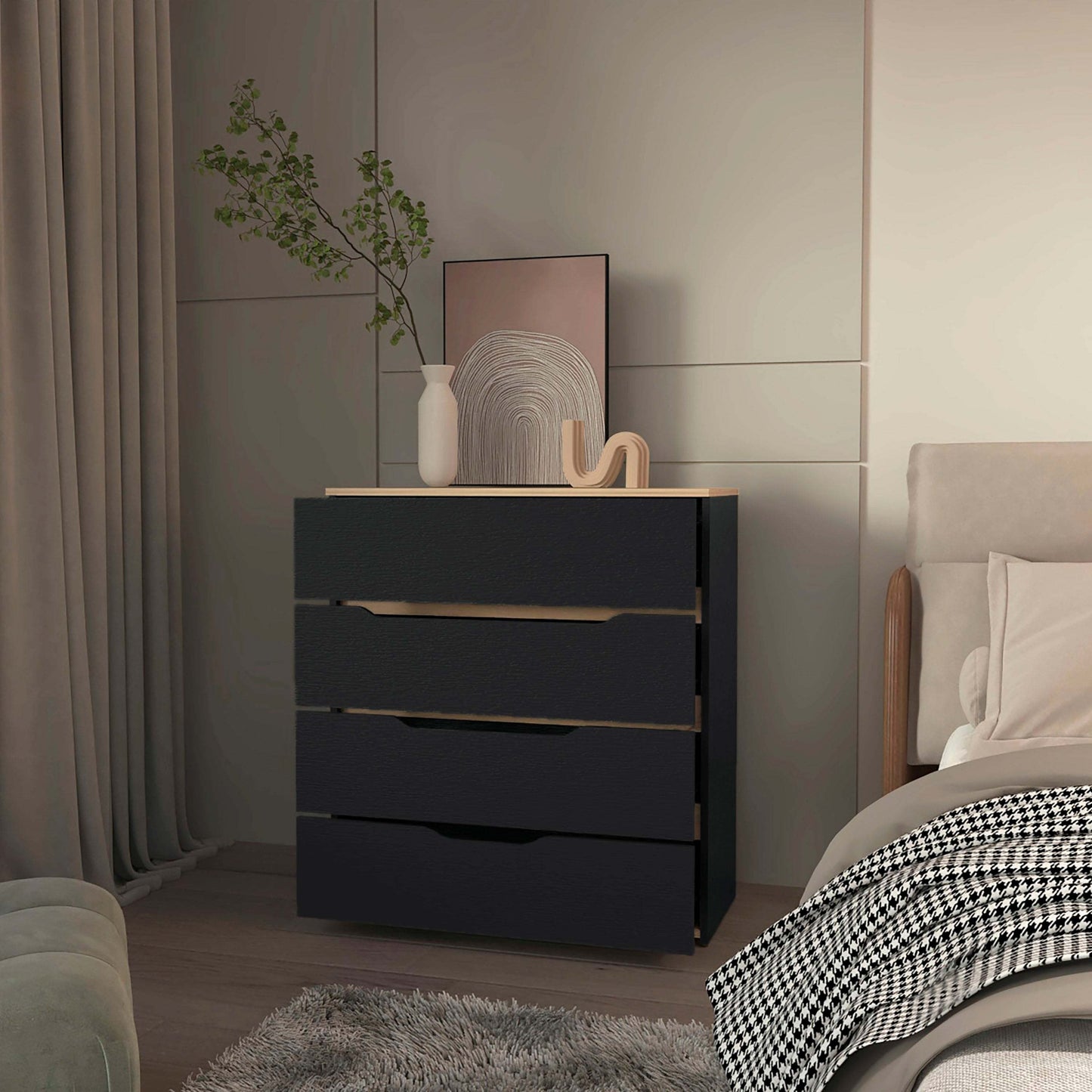 Elegant Black Wengue and Light Oak 4-Drawer Dresser