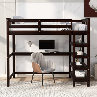Espresso Twin Loft Bed with Integrated Workspace and Storage Shelves