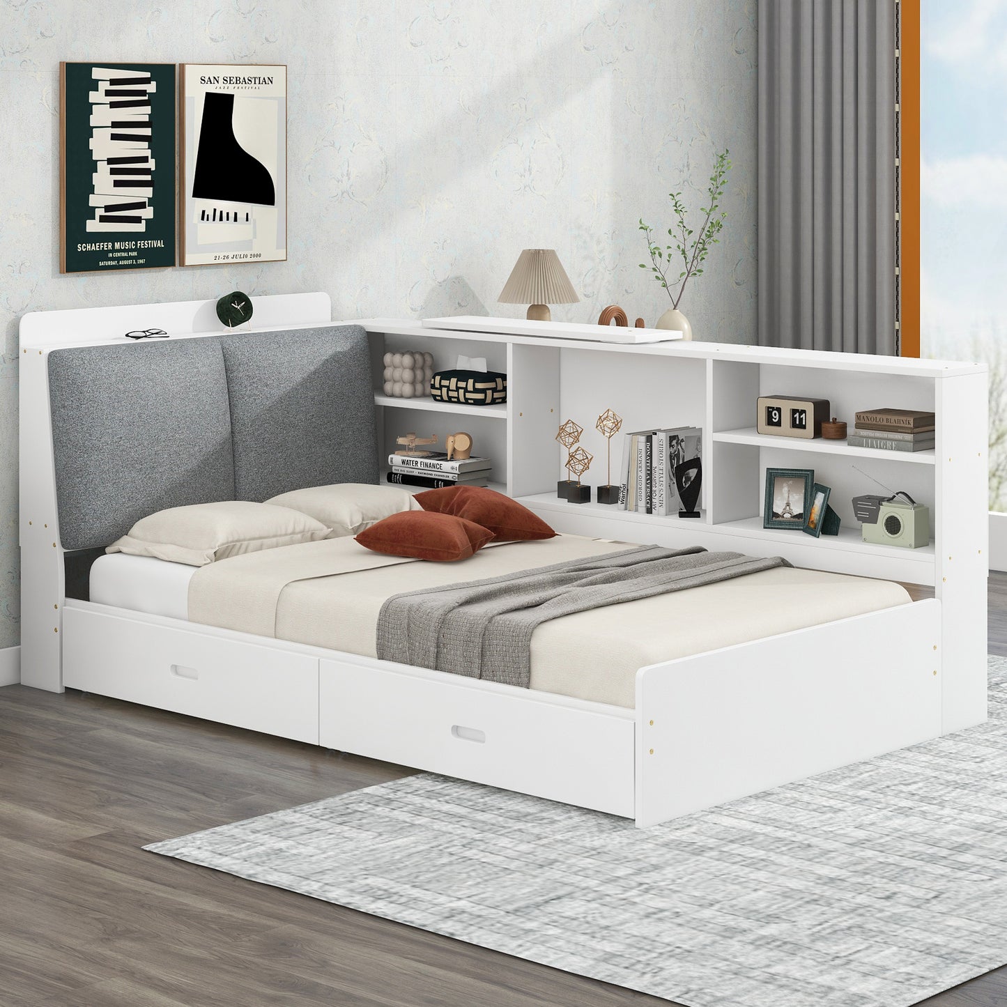 Elegant White Twin Size Platform Bed with Storage Headboard, Shelves, and Drawers