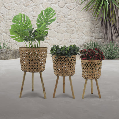 Set of 3 Bamboo Planters with Stand, 11x11x19, 13x13x22 and 15x15x26, Drainage Holes Natural
