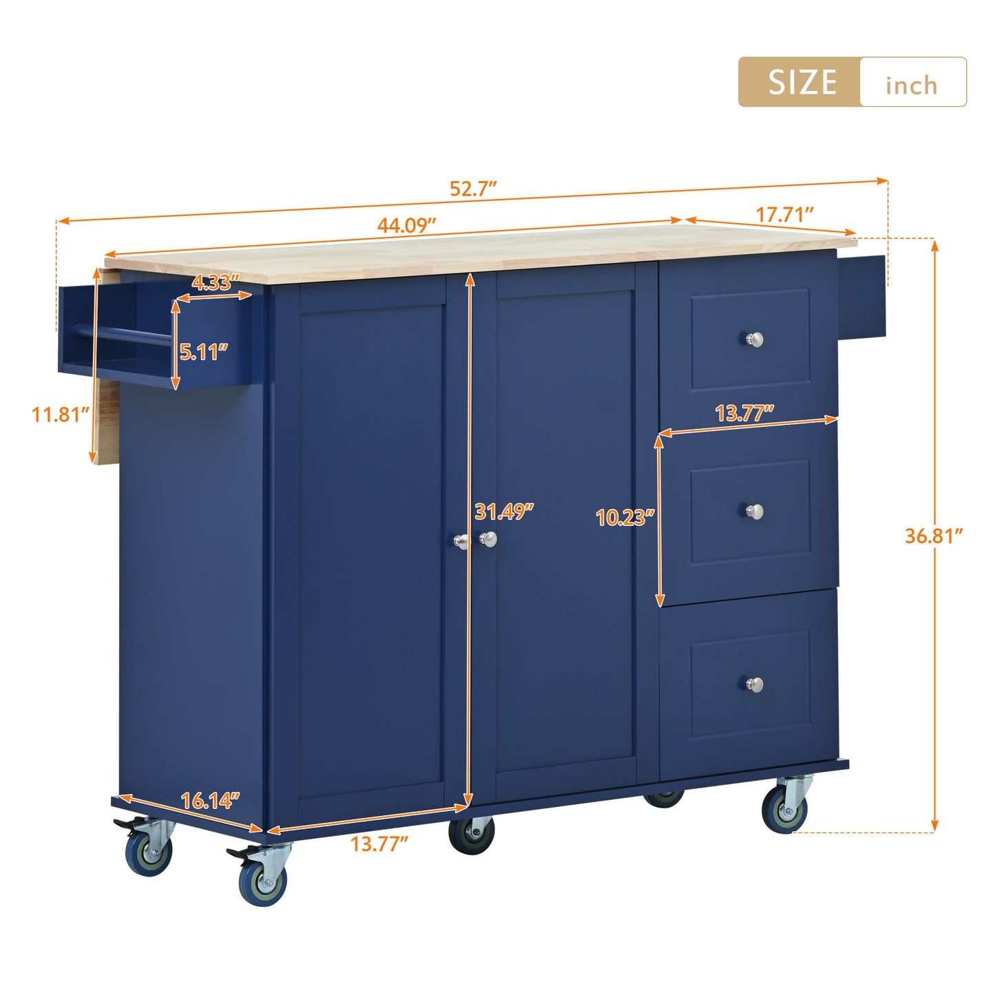 Versatile Rolling Kitchen Cart with Drop Leaf - Sturdy Solid Wood Top, Locking Wheels & Ample Storage (Dark Blue)