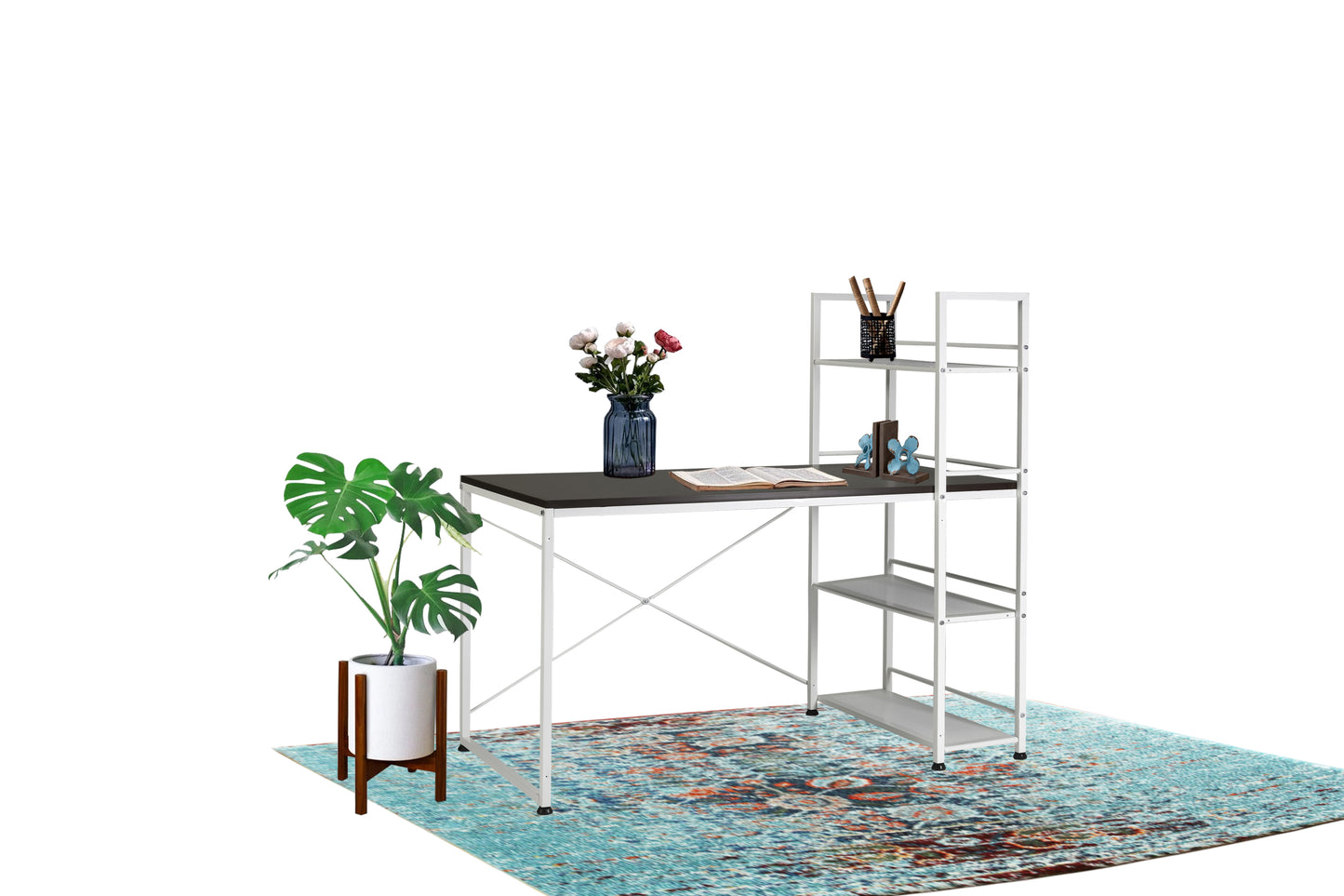 Convertible Dual-Sided Workstation Desk with Bookshelf - White/Brown