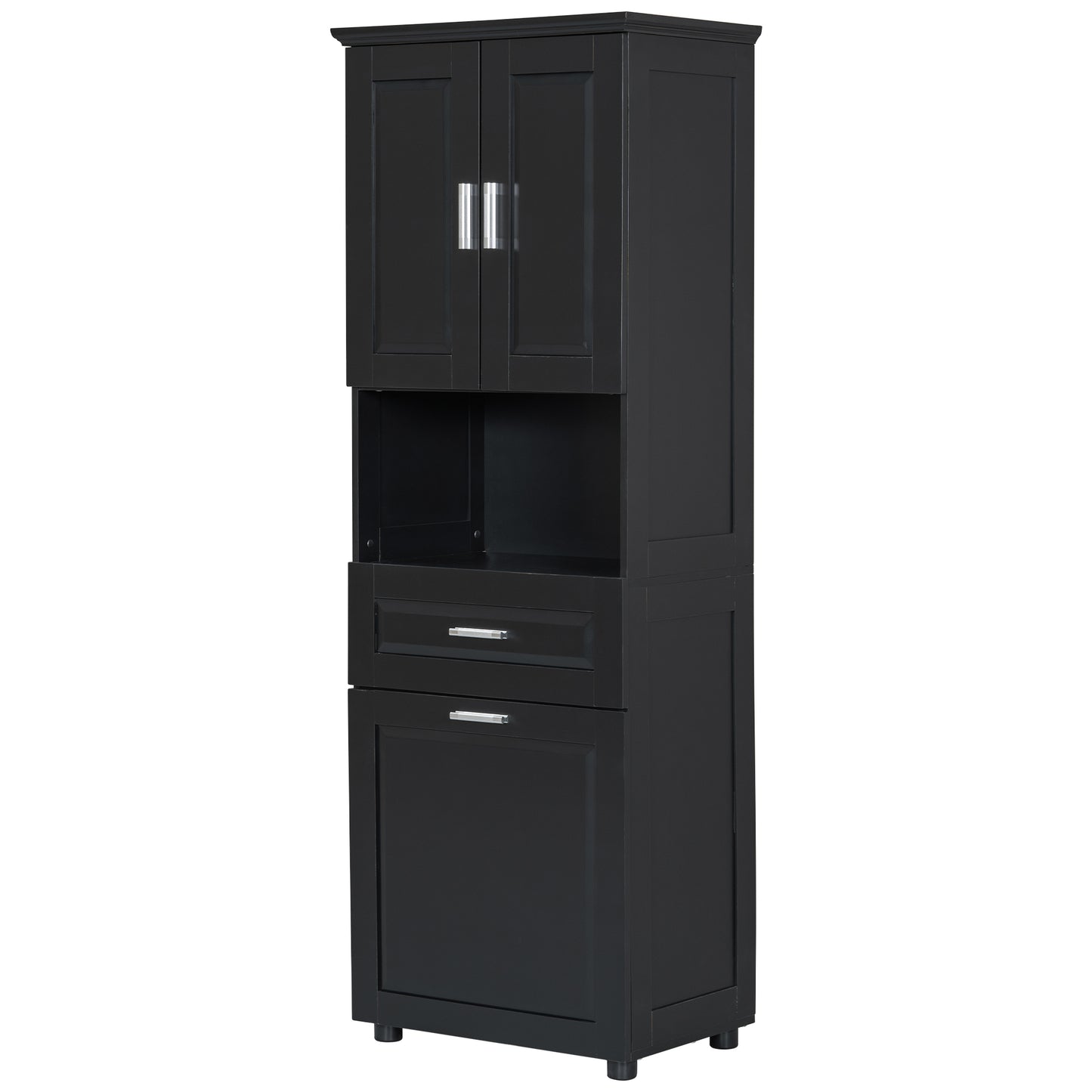 Stylish Tall Black Bathroom Storage Cabinet with Removable Laundry Basket and Ample Organizing Space