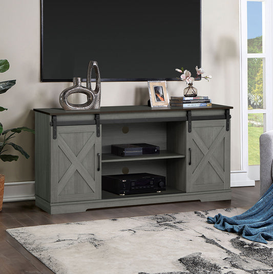 TV Stand 56W x 16D x 28H — Rustic Farmhouse Console with Sliding Doors, X-Cross Metal Accent Brown/Gray