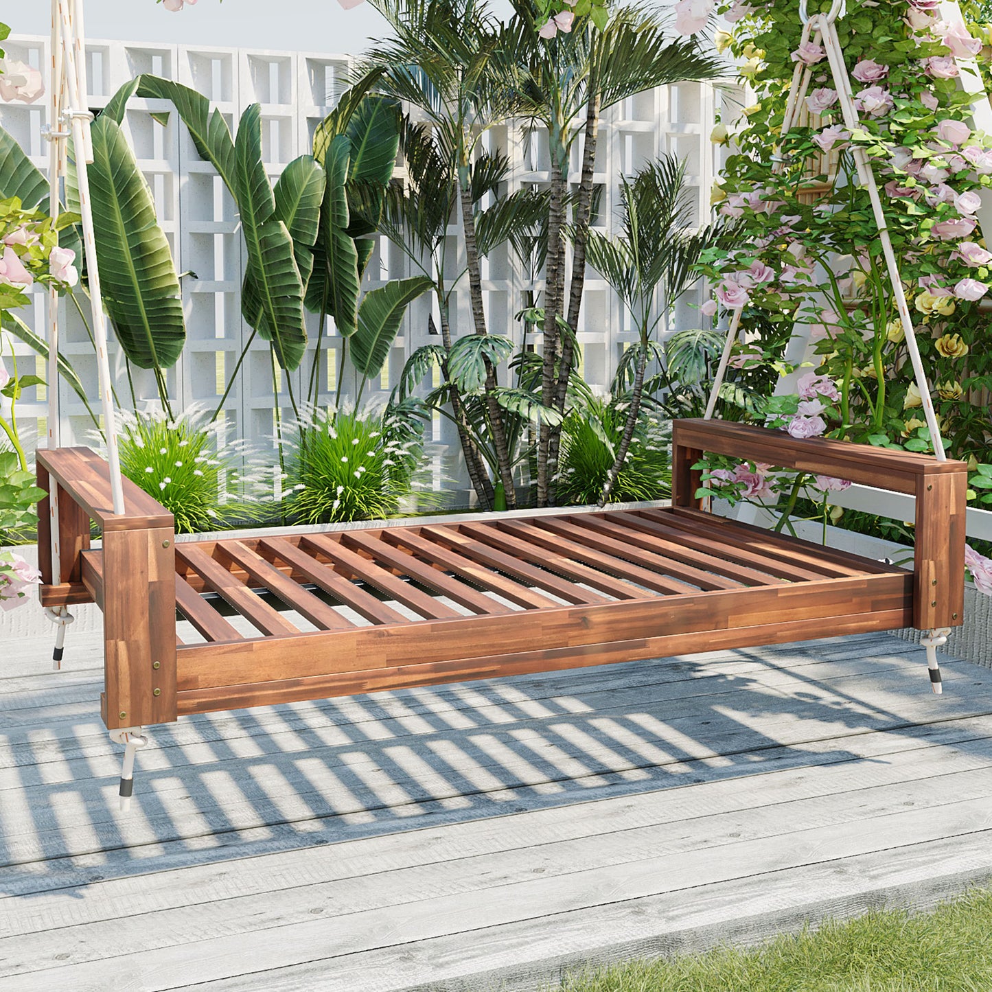 Twin Size Porch Swing Bed For Garden And Patio Acacia Wood Frame With Hemp Ropes 2 Person Outdoor Seating Group Natural