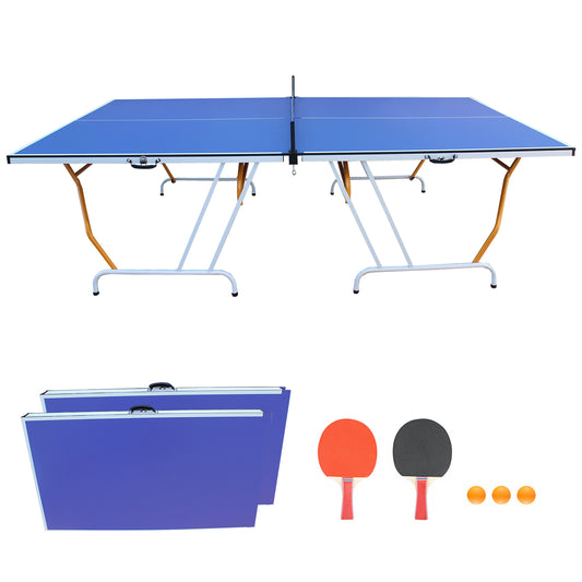 9-Foot Folding Indoor Table Tennis Table with Net, Ping Pong Set (2 Paddles, 3 Balls) Easy Fold Blue