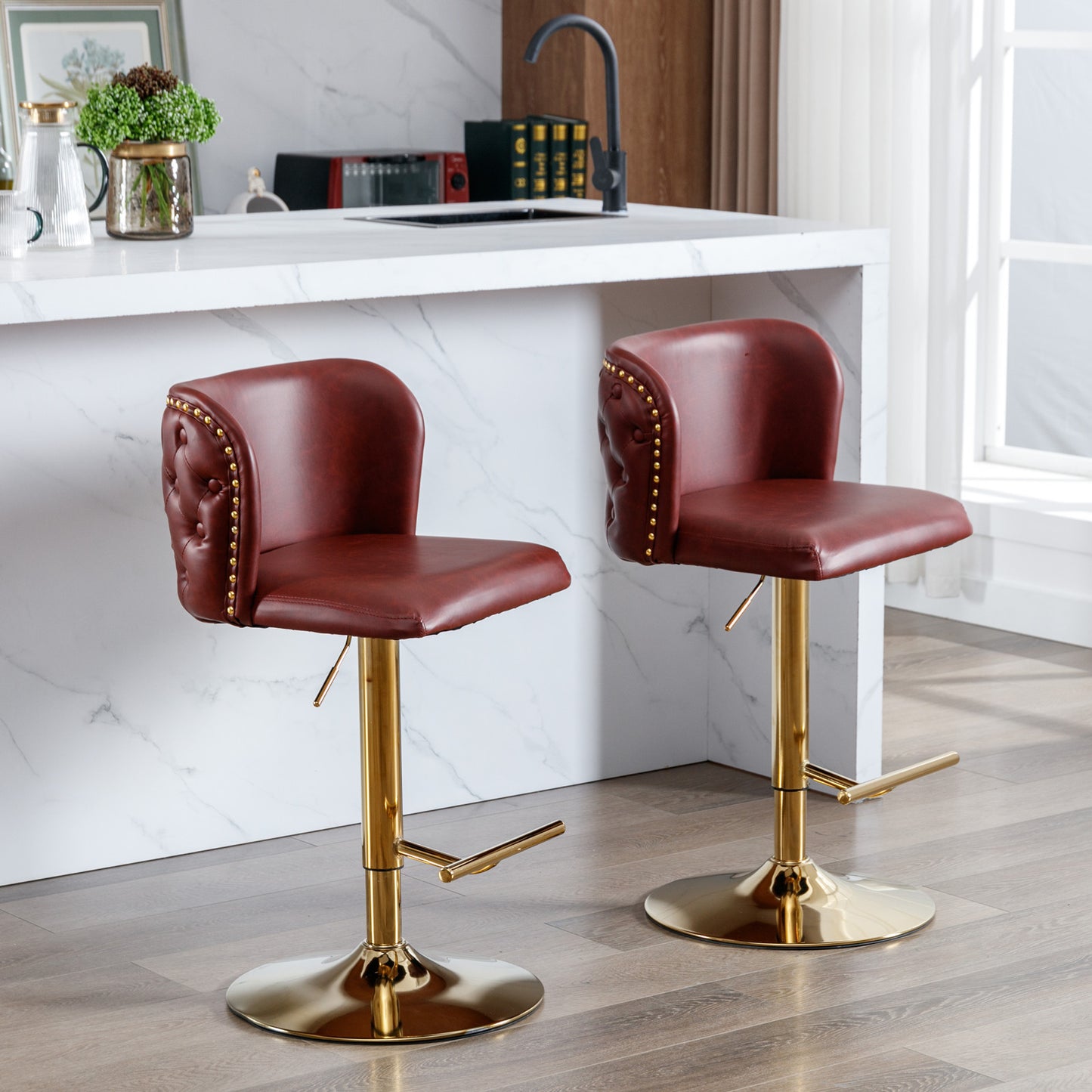 Swivel Barstools Adjustable PU Upholstered Wine Red 2 Pack