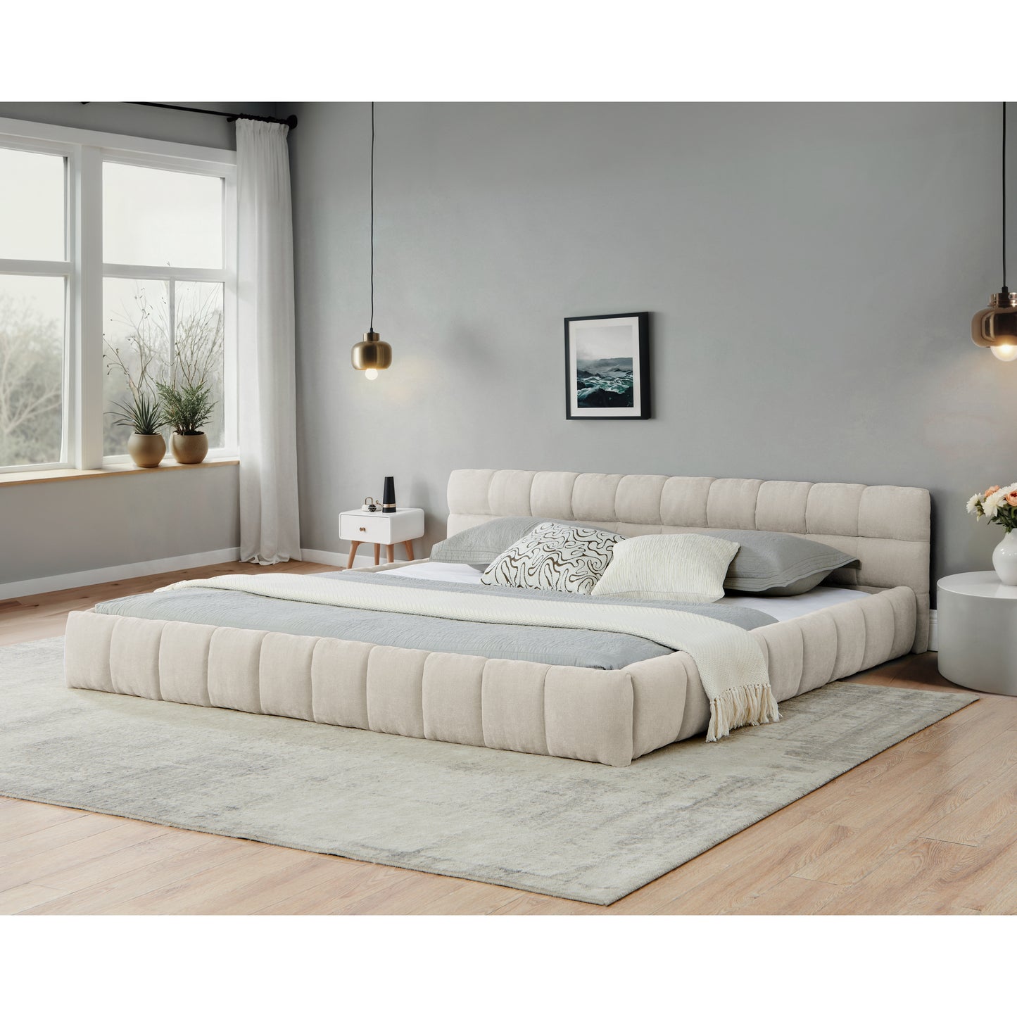 California King Platform Bed Frame with Thick Chenille Upholstery and Headboard, No Box Spring, Beige