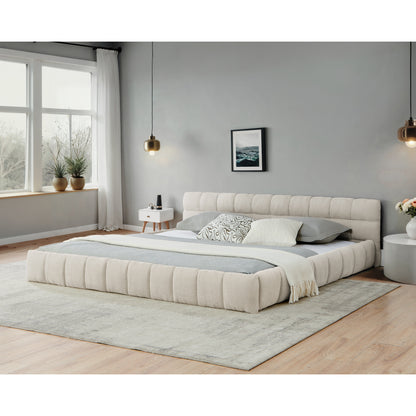 California King Platform Bed Frame with Thick Chenille Upholstery and Headboard, No Box Spring, Beige