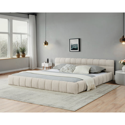 California King Platform Bed Frame with Thick Chenille Upholstery and Headboard, No Box Spring, Beige