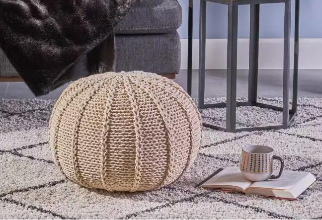 Round Knitted Pouf Footstool, 19.5-in Diameter x 12.75-in Height, 100% Cotton, Woven Seating, Beige