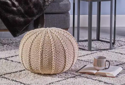 Round Knitted Pouf Footstool, 19.5-in Diameter x 12.75-in Height, 100% Cotton, Woven Seating, Beige