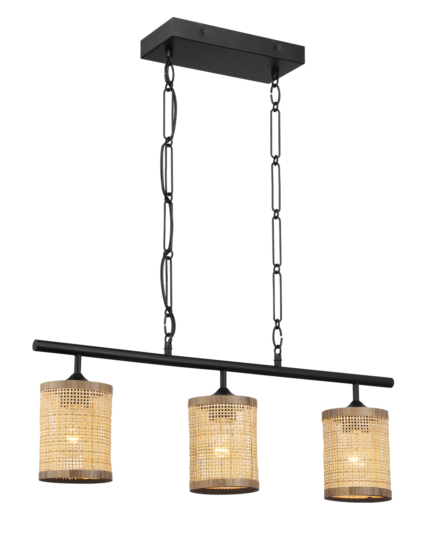 Three-Light Island Ceiling Lamp with Natural Rattan Shade, Farmhouse Chain Fixture for Dining Room Black