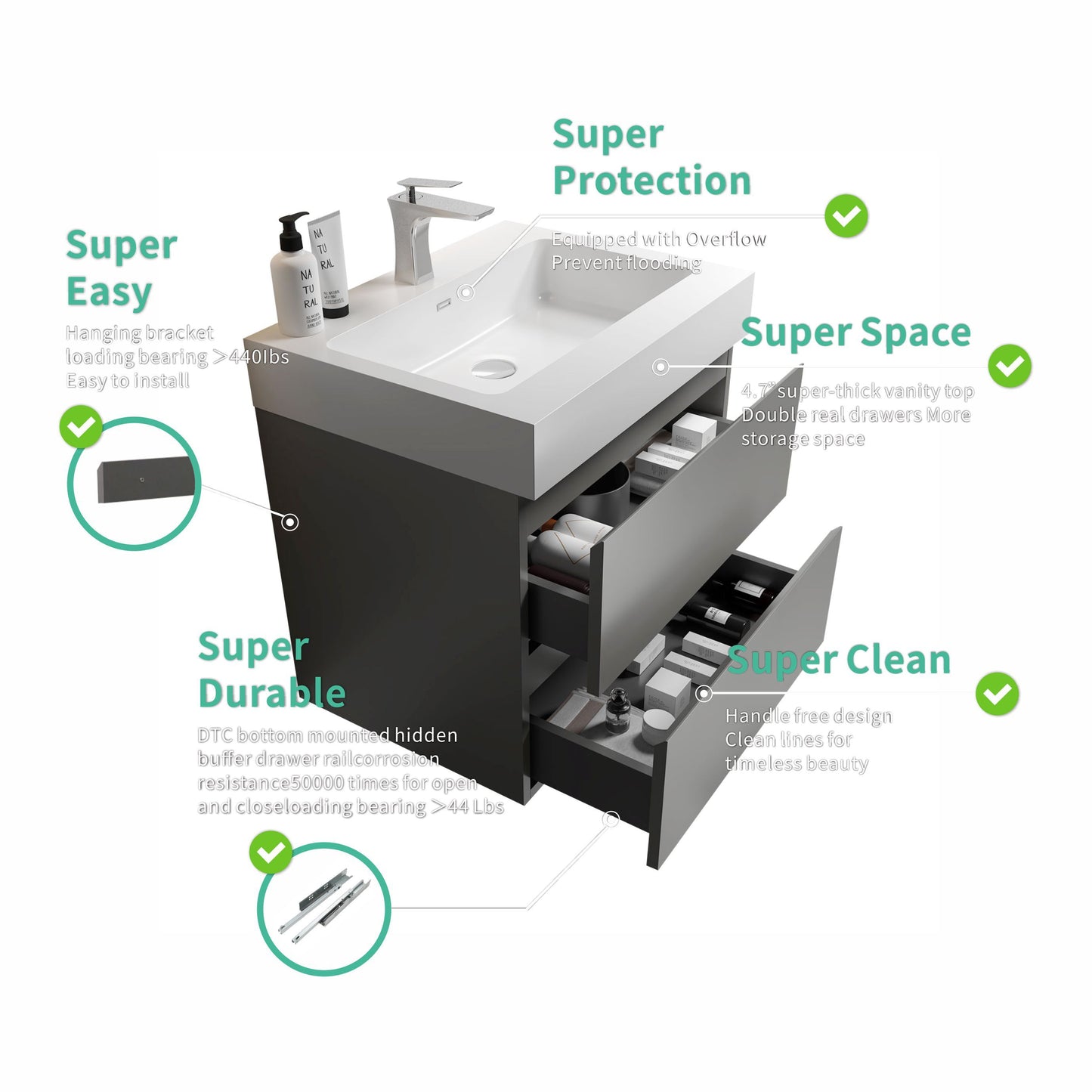 Modern 24" Gray Wall-Mounted Bathroom Vanity with Large Storage and Sleek White Sink Basin