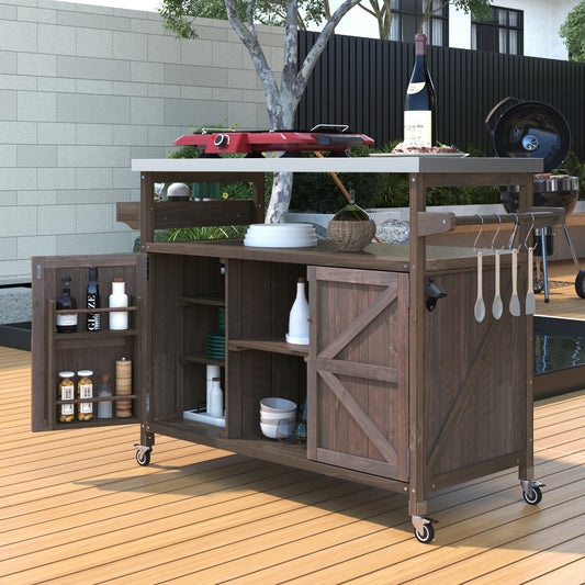 Outdoor Kitchen Island With Rolling Bar Cart And Stainless Top Solid Wood Table For Patio BBQ Spice Rack Dark Brown
