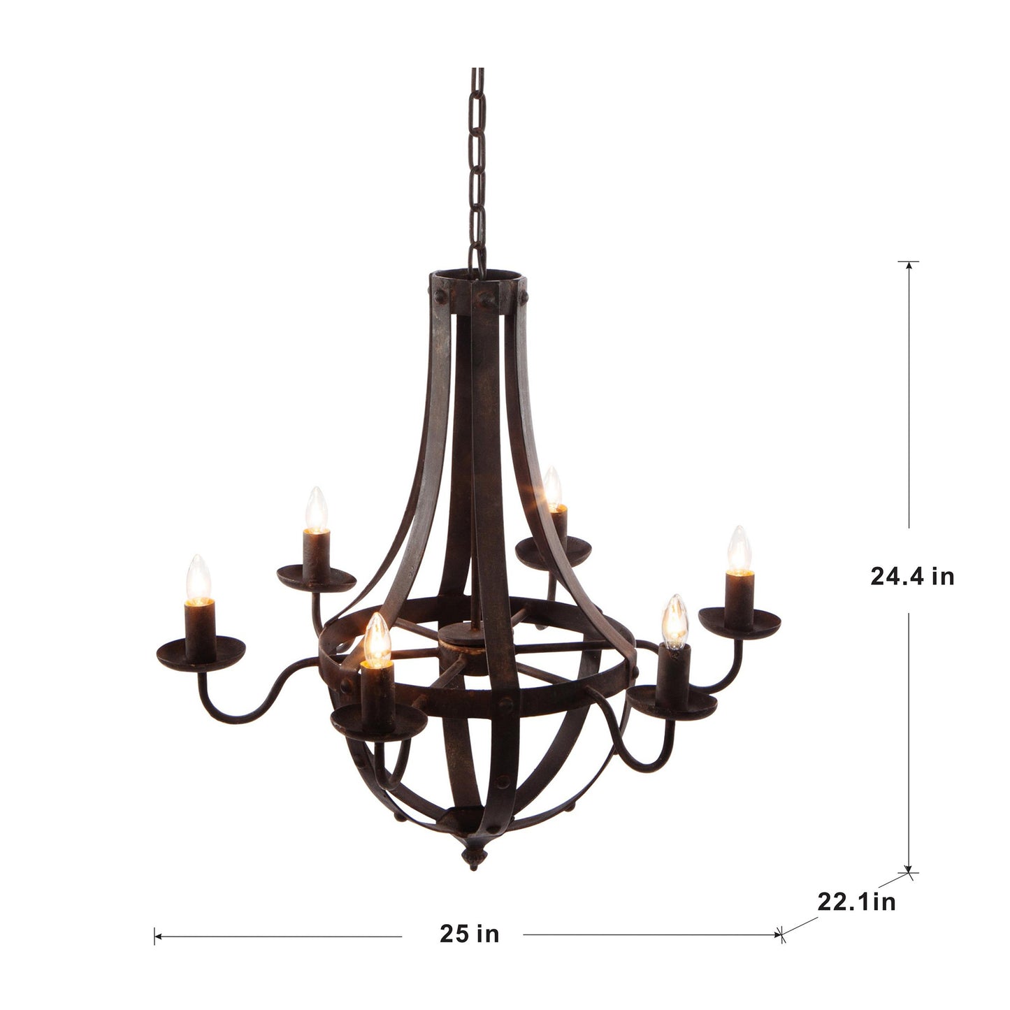Six-Light Iron Chandelier with Adjustable Chain, 25x22x24in, 6x E12, 60W, Hardwired Antique Black