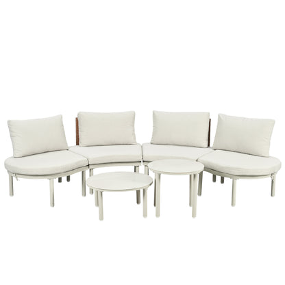 6 Piece Outdoor Patio Sectional Sofa Set Half Moon With Two High Low Coffee Tables PE Wicker Rattan Tempered Glass Glass Beige