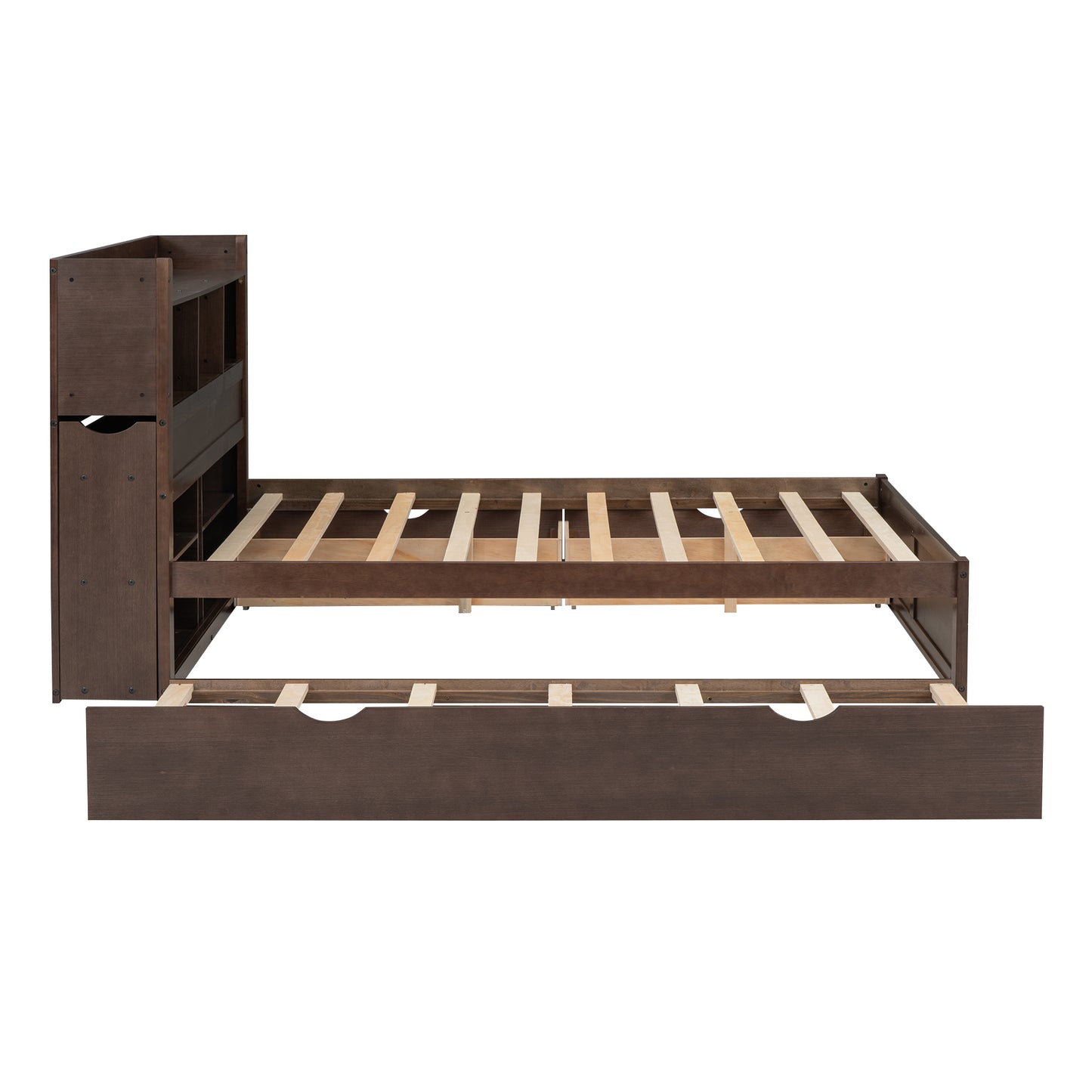 Espresso Full Size Storage Bed with Trundle and Dual Drawers, Pull-Out Shelving System