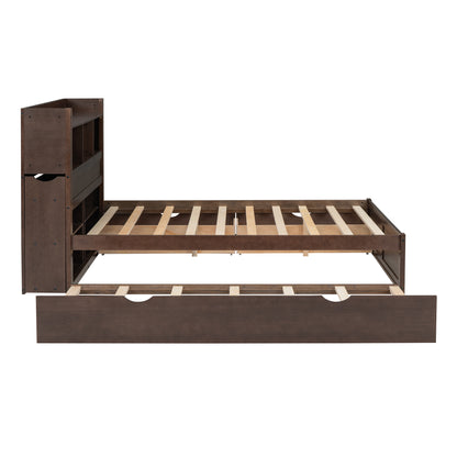 Espresso Full Size Storage Bed with Trundle and Dual Drawers, Pull-Out Shelving System