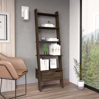 Dark Walnut Ladder Shelf with One Drawer and Five Spacious Open Shelves