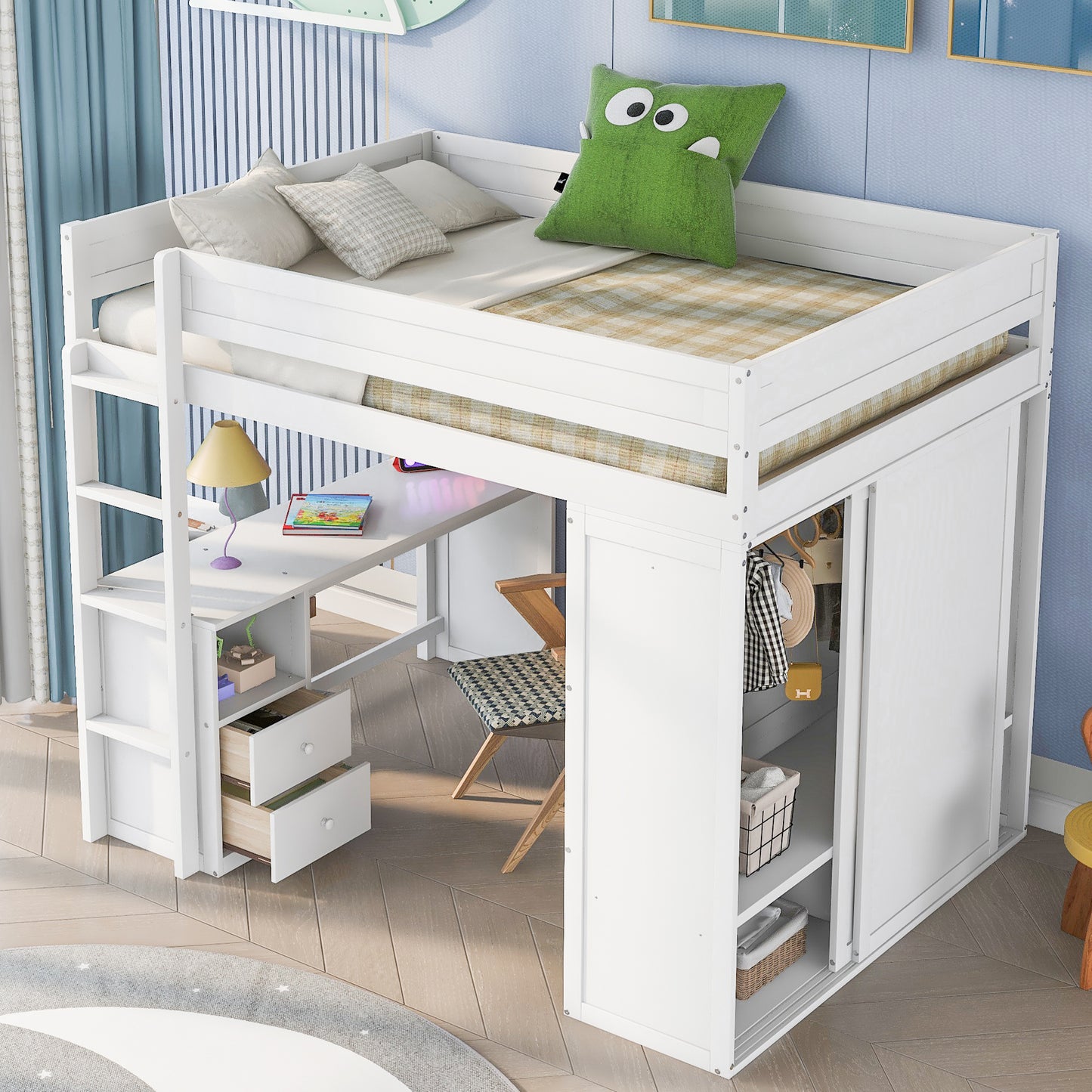 Space-Saving White Wood Loft Bed with Integrated Wardrobes and 2-Drawer Desk
