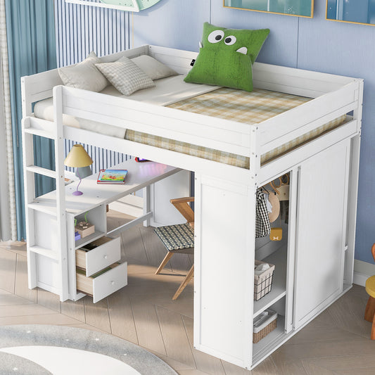 Space-Saving White Wood Loft Bed with Integrated Wardrobes and 2-Drawer Desk